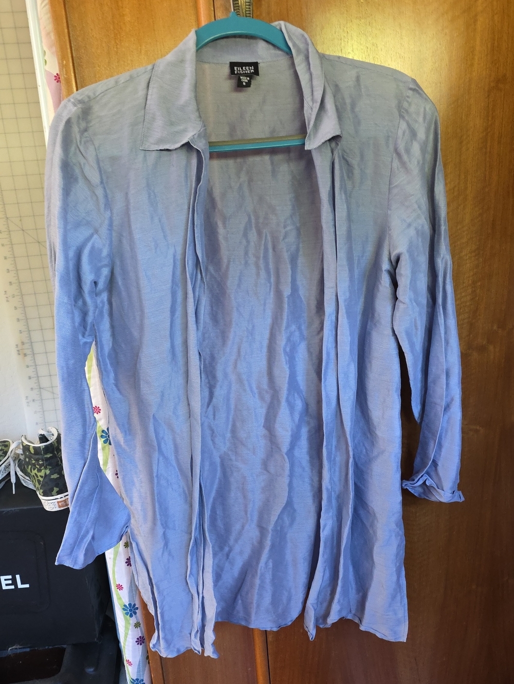 Eileen Fisher Pale Blue SILK AND LINEN Open-Front Long Shirt/Tunic